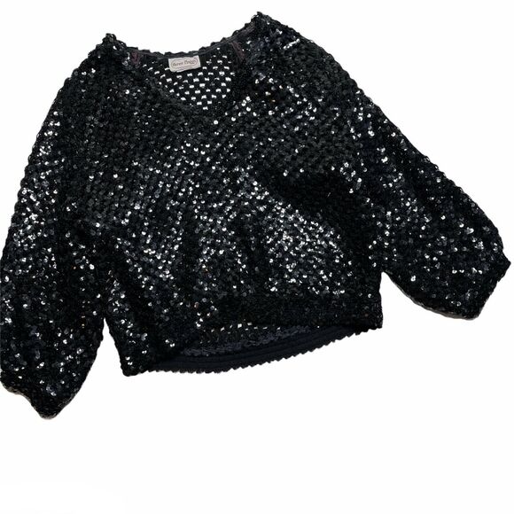 Vintage 80s Three Flaggs Sz Medium Black Sequin Disco Mesh Top Pullover - Picture 4 of 8